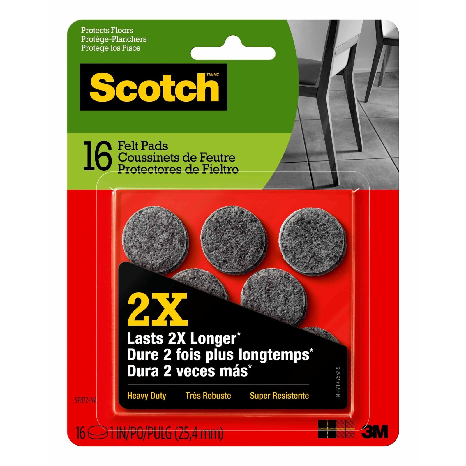 3m SP872NA Felt Pad Protectors, 1" Diameter, Gray, 16/pack