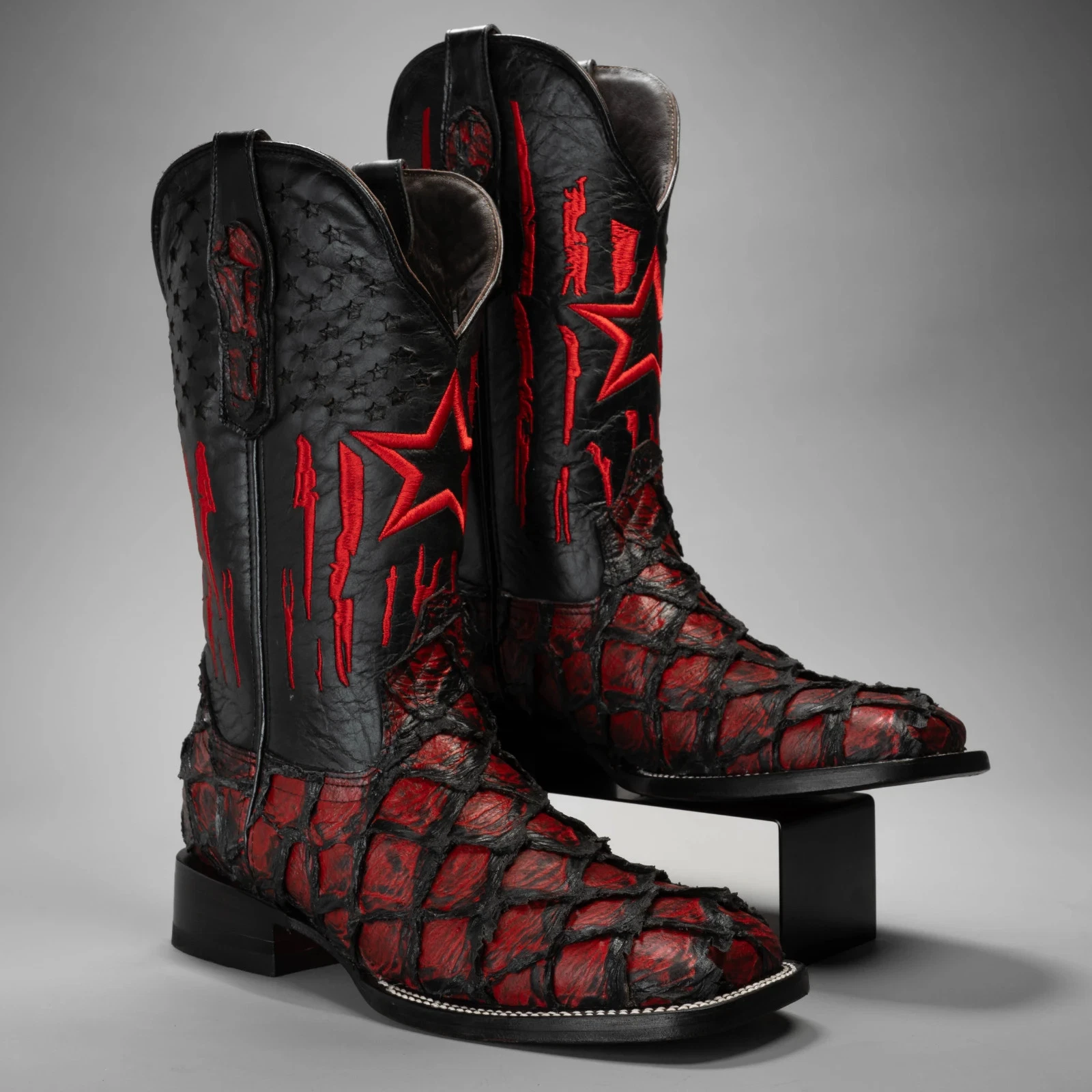 Genuine Leather Exotic Pirarucu Fish Print Square Toe Western Boot -Black Cherry