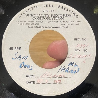 SAM DEES Signed Ms. Heroin 45 ATLANTIC Test Pressing VG* S/S RARE Northern Soul