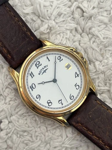 Rotary Vintage Men’s Dress Watch Gold White Date Leather Strap Quartz 35mm