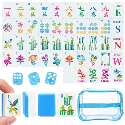 166 American Mahjong Tile Set with Storage Bag & Dice, 1.2'' Blue