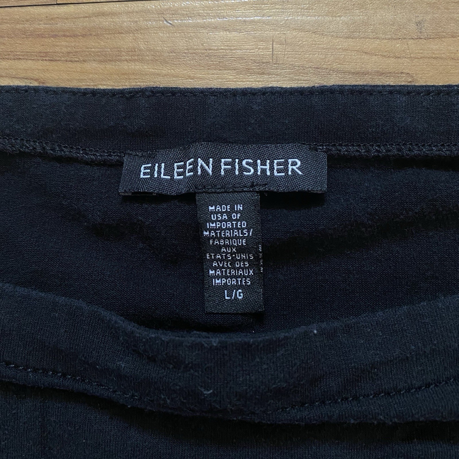 Eileen Fisher L Black Fine Jersey Knit Square Top Bateau Neck Drawstring Waist