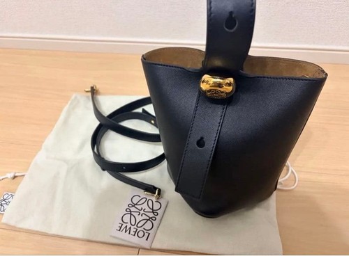 LOEWE Black Pebble Leather Bucket Handbag Minimalist Gold-Tone Hardware