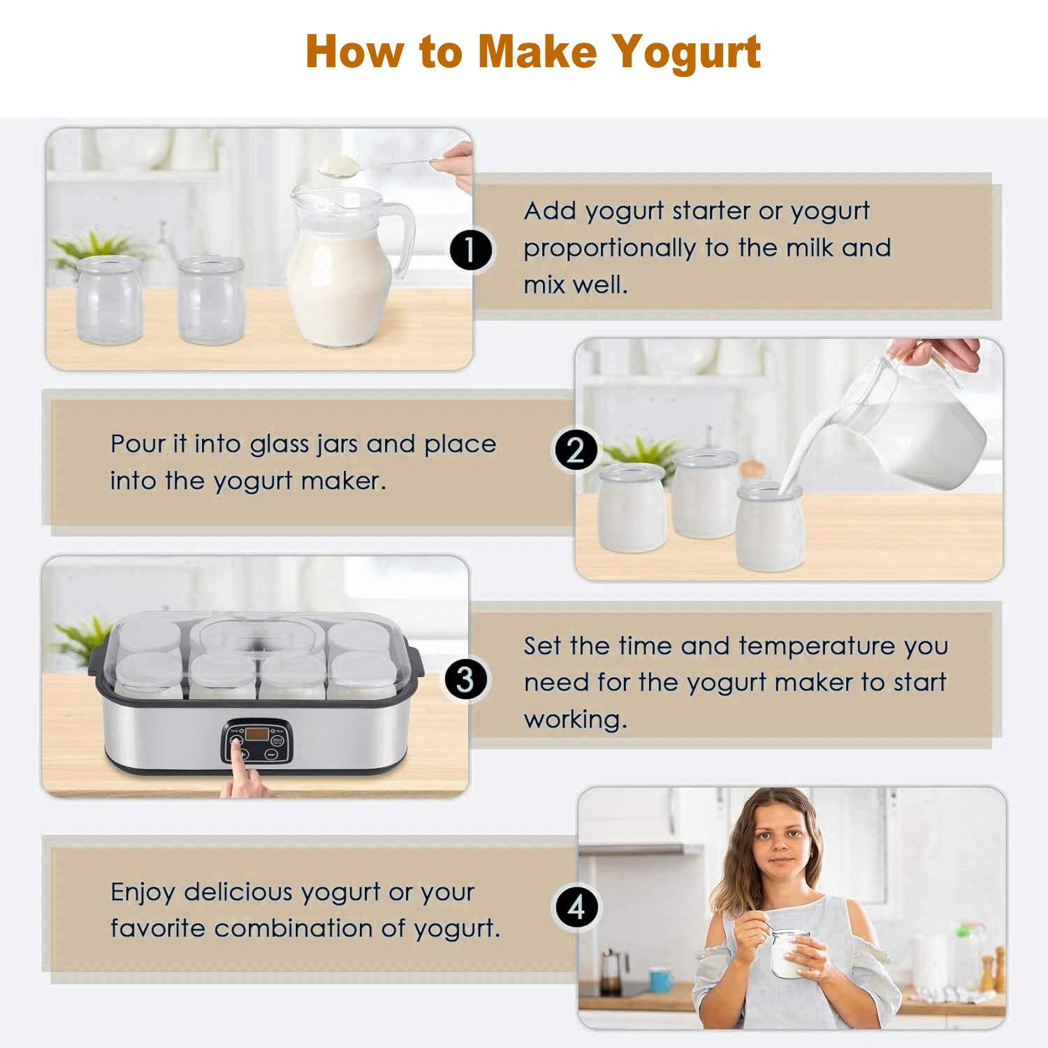 Probiotic Yogurt Maker With Adjustable Temperature Time Control And 8 Glass Jars