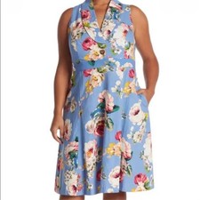 NEW Eliza J Size 24W Sleeveless Blue Floral Mini Linen Blend Dress