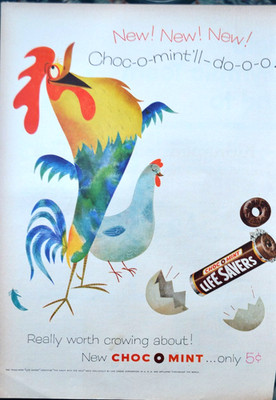 1956 LIFE SAVERS CHOC O MINT Rooster & Chicken Chocomint'll do oo Print Ad