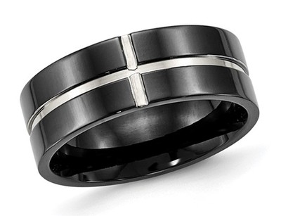 Mens Titanium Polished Black Plated Grooved Band Ring (8mm)