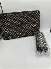 Beaded Evening Clutch Bag Pouch Black Gold Silver Weave Pattern W/lipstick