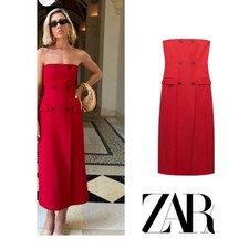 ZARA Red Strapless Midi Dress Button Front Corset Style Small