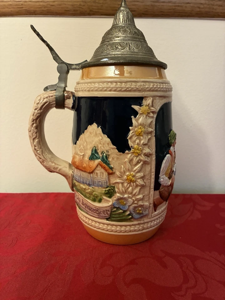 Vintage Gerz W Germany 9” Stein “Handgemalt” Drinking Beer Pipes Pewter Lid Blue - Image 2 of 4