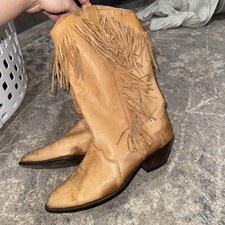VTG Dingo Boots 11" Western Cowboy Leather Fringe Tan Made in Mexico Women's 8M