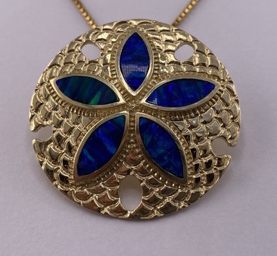 RD 14K Gold Lab Grown Opal Sand Dollar Pendant 11grams