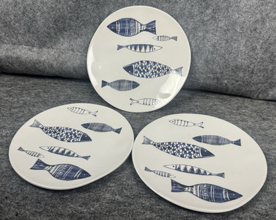 Set of 3 Sur La Table Melamine 6.5'' Appetizer Salad Plates Blue White Fish