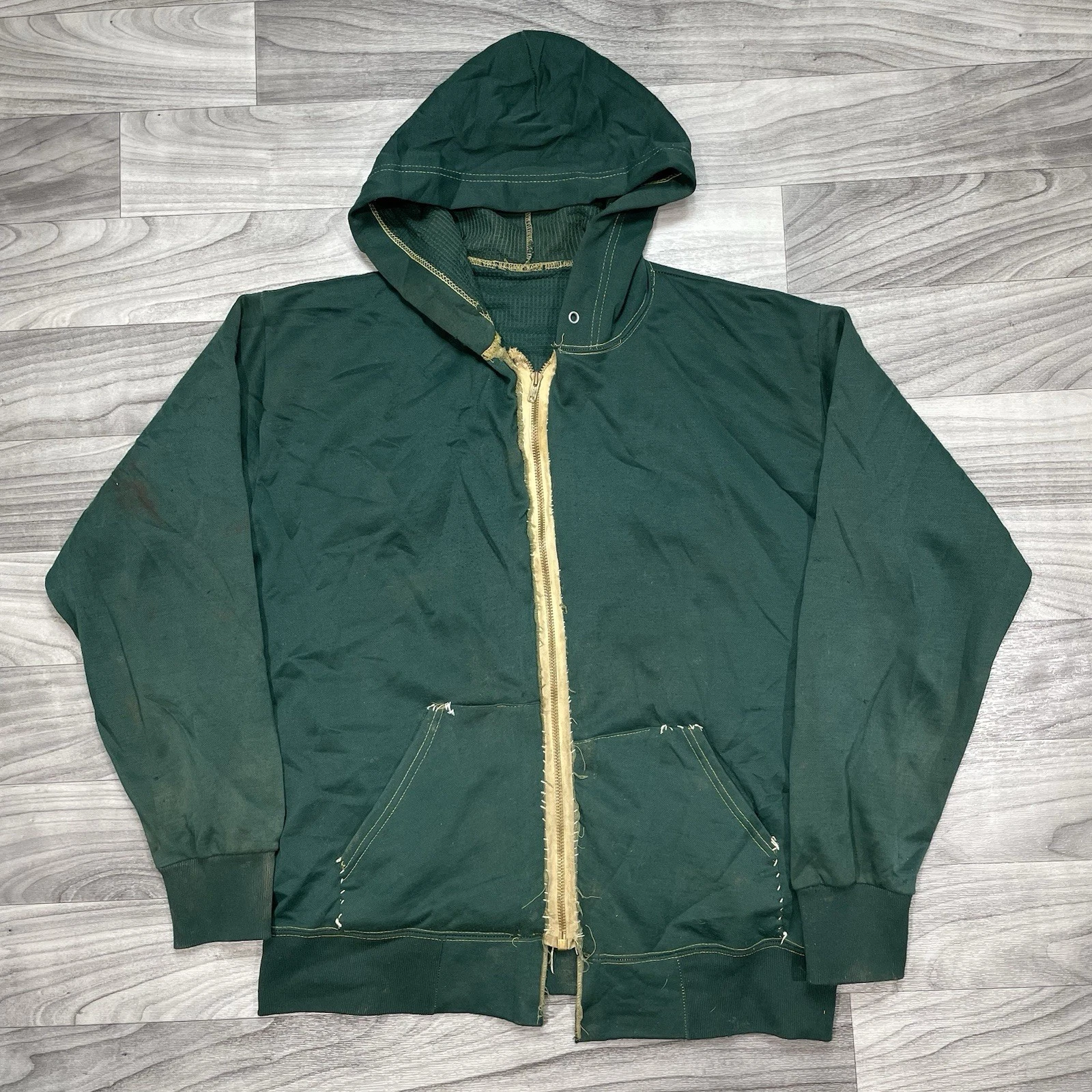 60s Thermal Zip Hoodie Adult XL Hand Stitch Repair Green Sweatshirt True Vintage