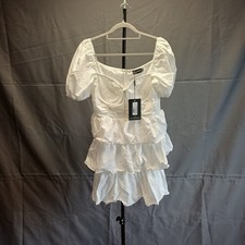 PrettyLittleThing White Crinkle Cup Detail Tiered Skater Dress Size UK 14