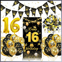 16 Geburtstag Deko Schwarz Gold Luftballons Banner Girlande Zahl 16 Party