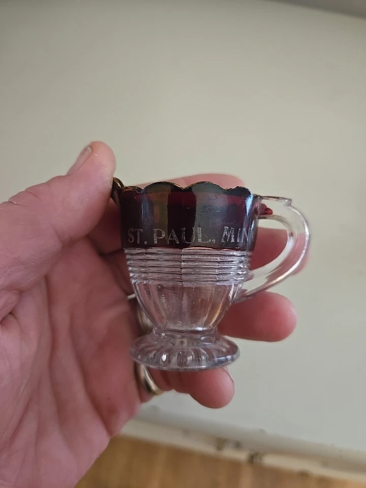 Souvenir Mini Pitcher ST.PAUL MINN, RUBY RED GLASS EARLY 1900's " 2 1/2" Tall. - Image 2 of 4