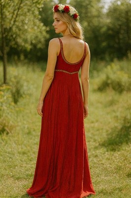 Vintage Red Boho Embroidered Velvet Empire Waist Festival Gown Renaissance Fairy