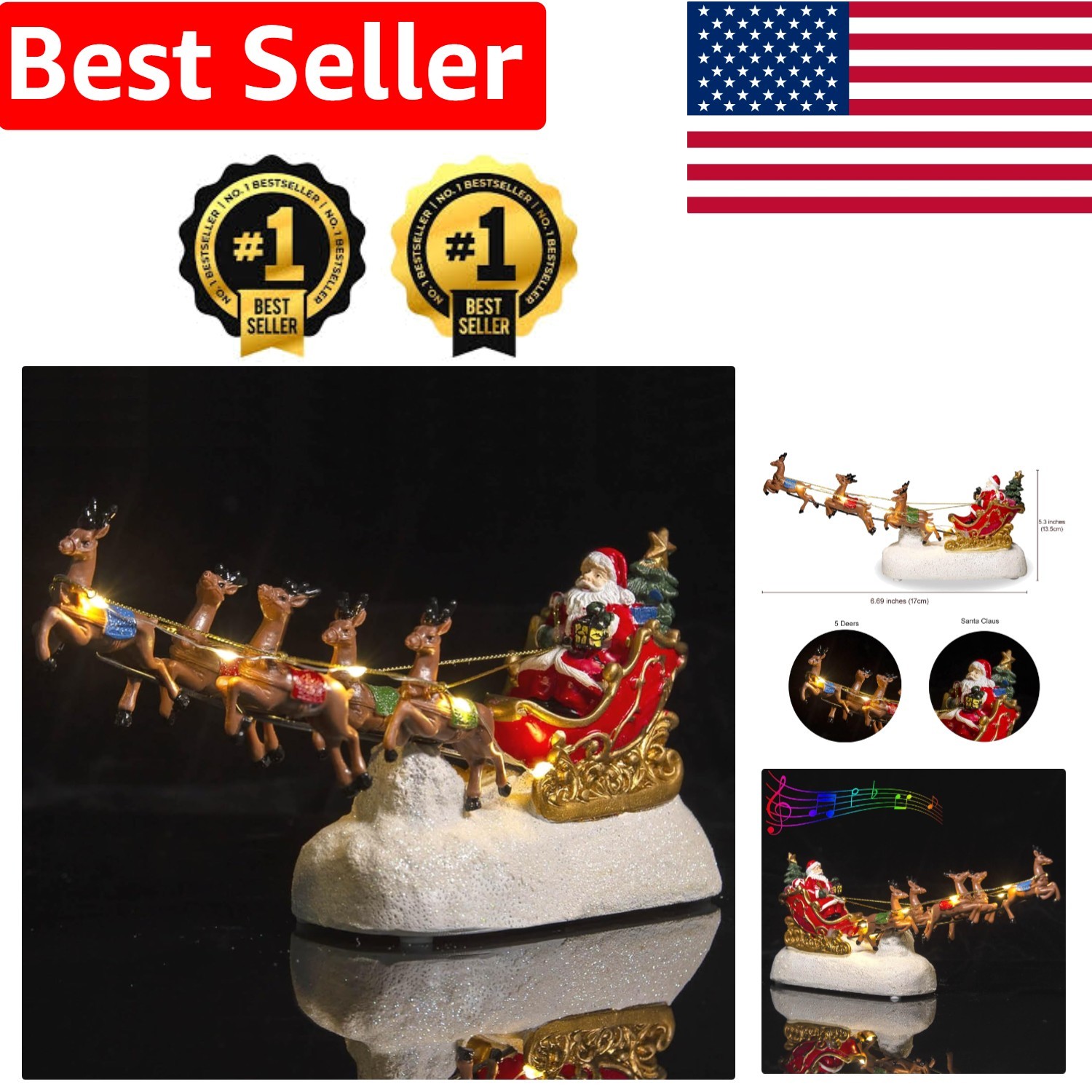 Festive Santa's Sleigh & Reindeer Figurine with Warm LED Lights - 6.69