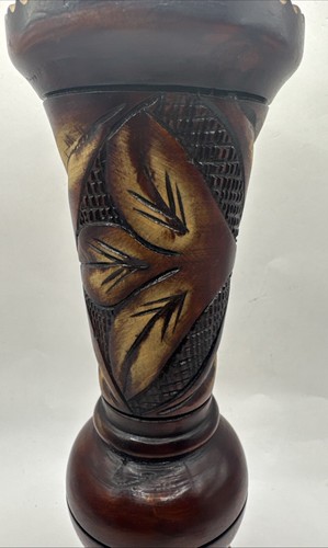Vintage Hand Turned Carved Wooden Etched Floral Vase Bohemian 10 Inches - Picture 7 of 11