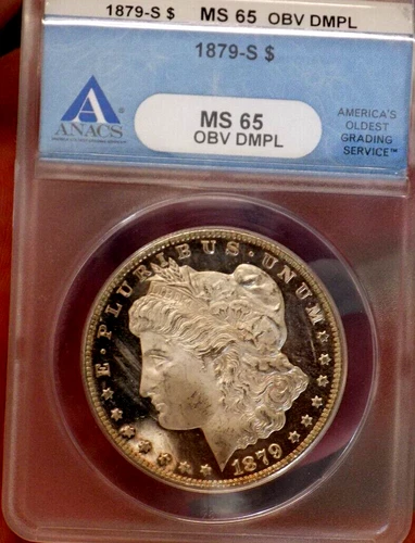 MORGAN SILVER DOLLAR 1879 S ANACS MS 65 DMPL OBV OLD BLUE HOLDER MONSTER CAMEO