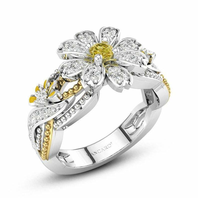 Sunflower Engagement Ring, Yellow White Round Cut CZ