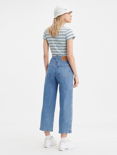 Jeans denim blu nuovi con etichette Levis vita alta miglio tagliati crop 22 gambe larghe 30 25 - Foto 4 di 5