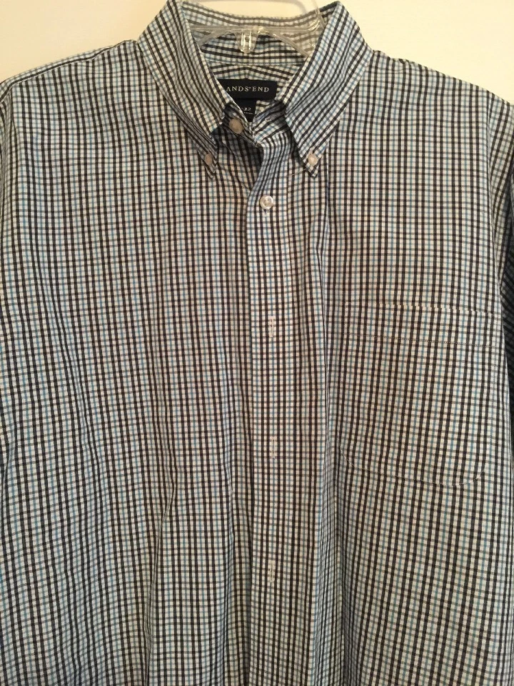 Camisa LANDS END masculina casual xadrez azul vestido com botões tamanho 16 x 32 ~ - Imagem 4 de 4