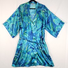 Vintage Inner Most Satin Robe Womens Med Lrg Blue Floral Flaws