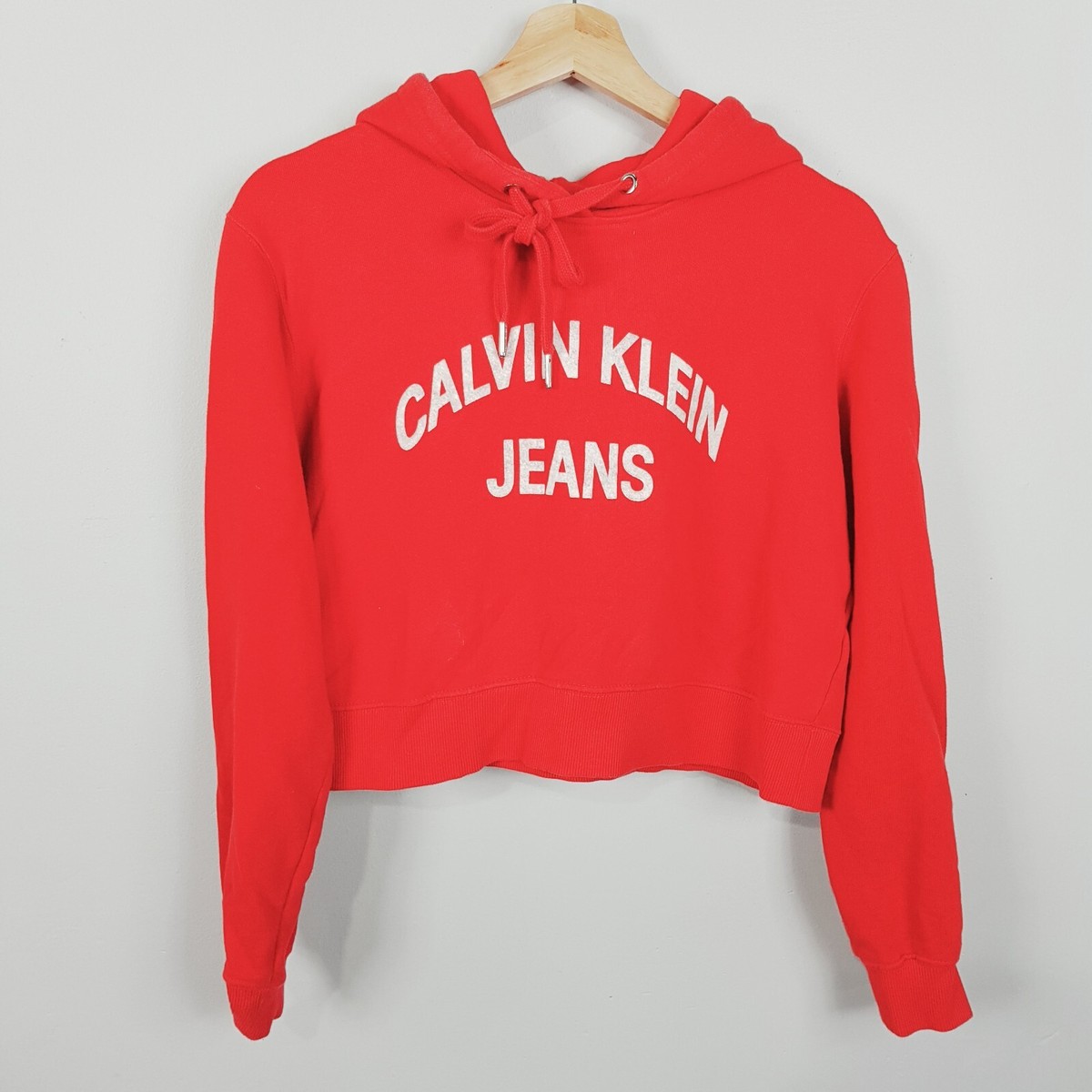 CALVIN KLEIN JEANS Womens Size S or 10 Red Hooded Crop Jumper