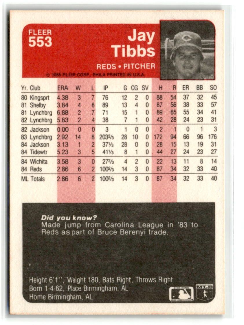 1985 Fleer #553 Jay Tibbs Rookie Cincinnati Reds - VG Discolored