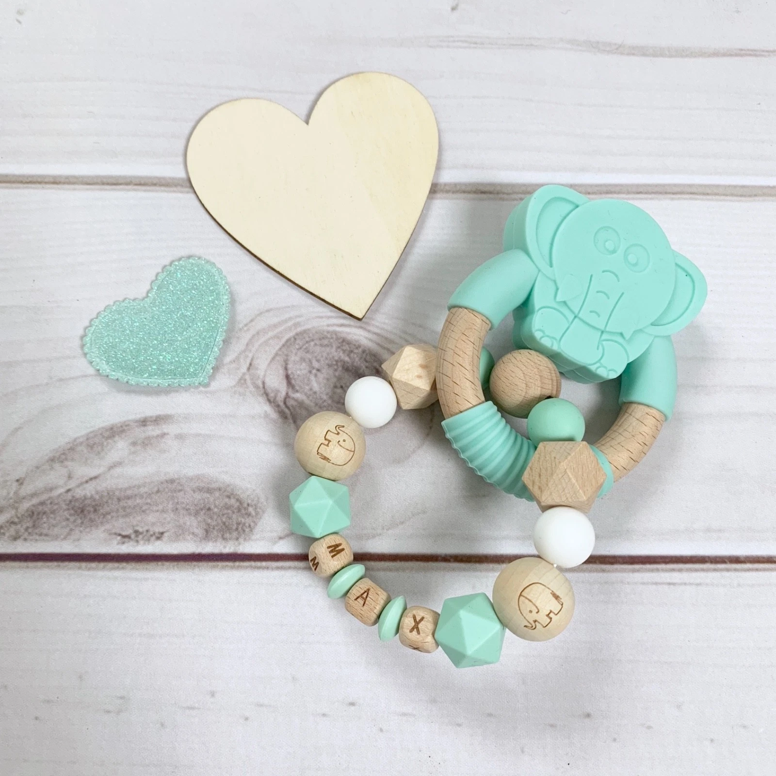 Teething Ring Gripping Grasping Toy with Name Custom Silicone Wood Mint Green