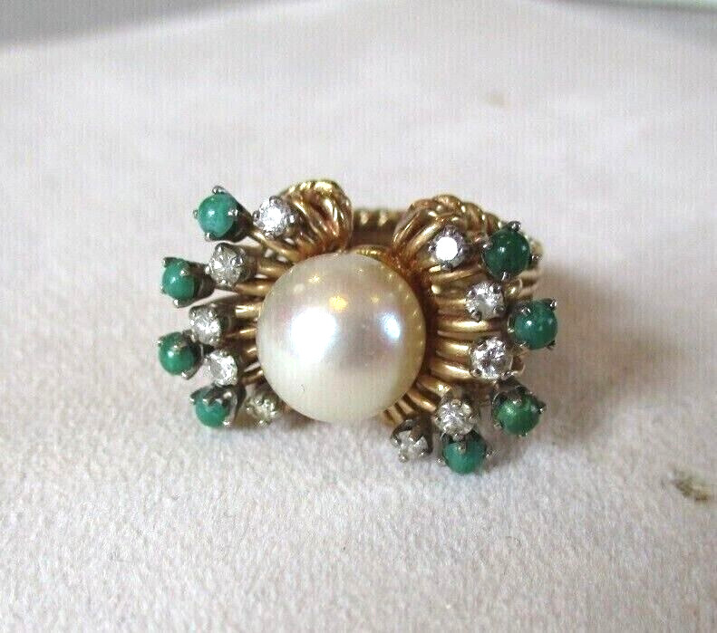 14K Yellow Gold Emerald & Diamond Cluster Ring Size 2.5