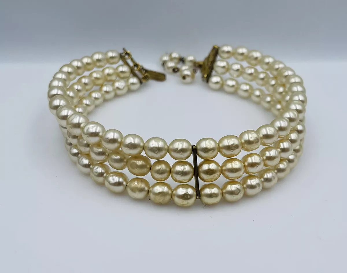 Miriam Haskell Vintage Faux Pearl 3 Row Gold Plated Choker