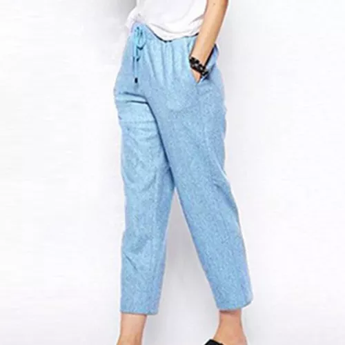 Ladies Lounge Elastic Waist Pants Women Beach Baggy Cropped Straight Loose Fit - Picture 4 of 23