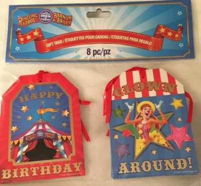 RINGLING BROS BARNUM & BAILEY CIRCUS CIRCUS Gift Tags Circus Party Ringling Bros Barnum Circus CLOWN BIG TOP 8pc MINT