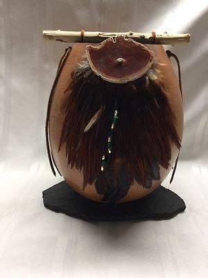 NATIVE AMERICAN Decorative Gourd - Feathers - Signed