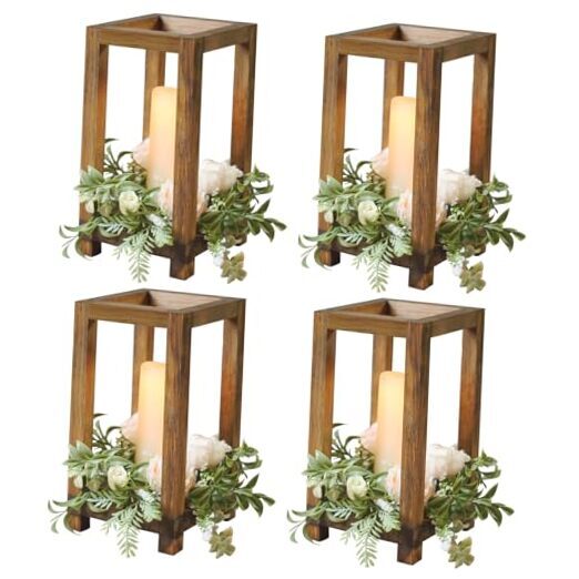 24 Pcs Wooden Candle Lantern Centerpiece Set - 12 Lanterns & 12 LED Candles For Wedding/Party Decor (Brown) - View #3