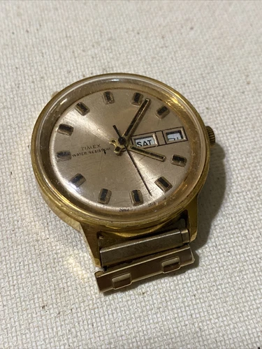 Vtg Timex Marlin Watch Men 35mm Gold Tone Date 1973 Manual Wind Parts/repair