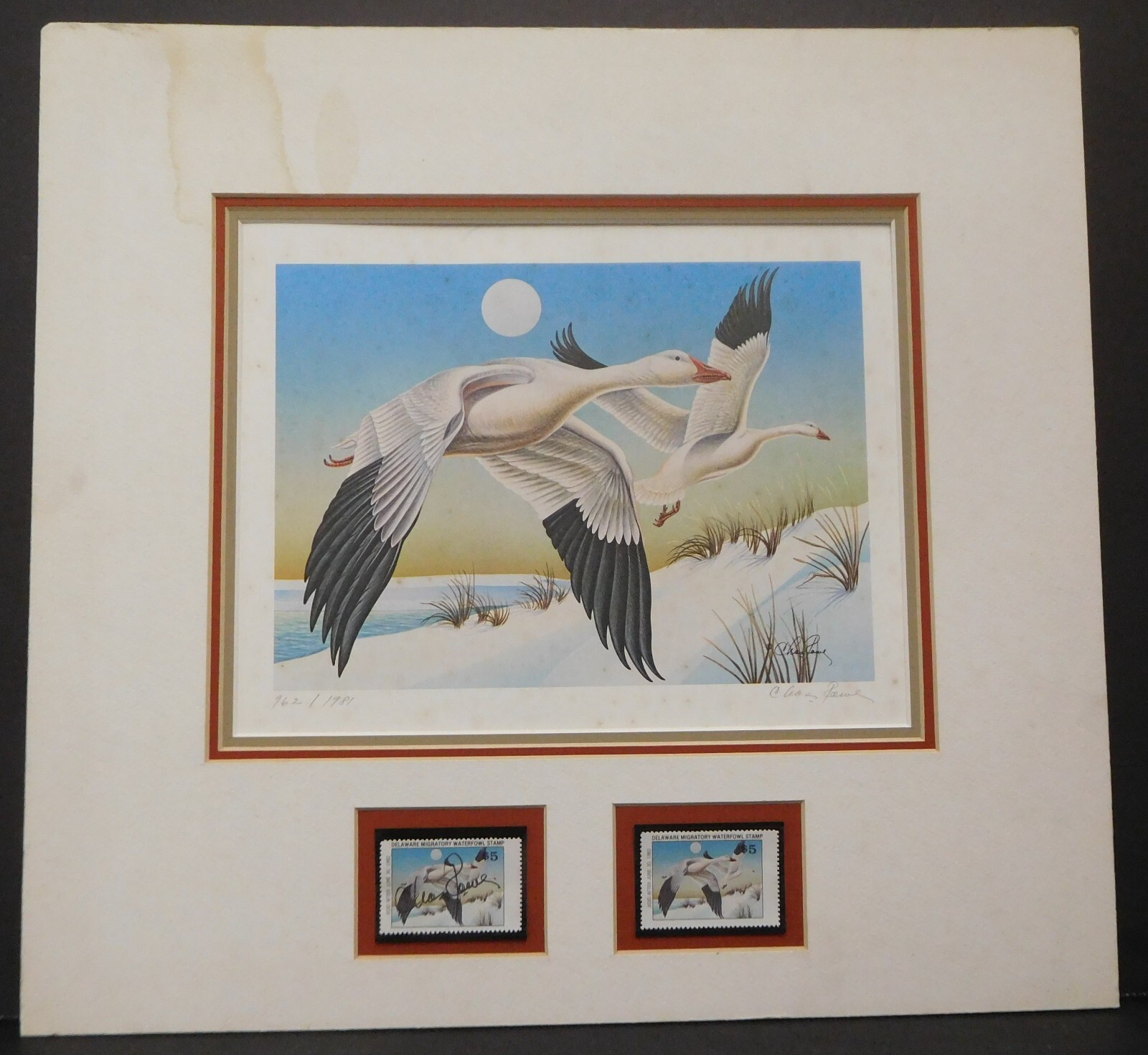 1981 Delaware Hunting Permit 5 Stamps & Print Snow Geese Signed Ltd