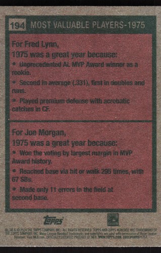 2024 Topps Heritage #194 1975 MVPs (Fred Lynn / Joe Morgan) - Picture 2 of 2
