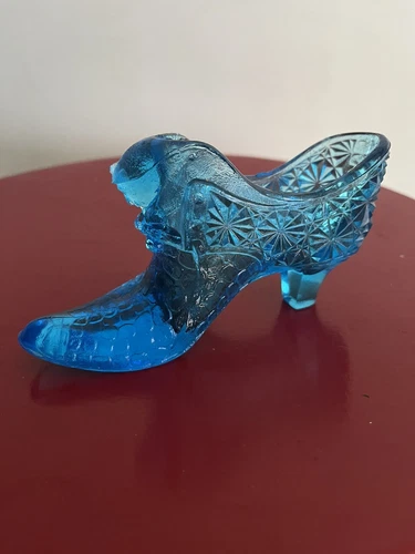 Vintage Fenton Art Glass Cat Head Blue Glass Slipper