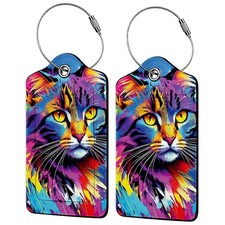 Colorful Cat 2 Pack Luggage Tag for Suitcase, Leather Bag Tags Identifiers Pr...