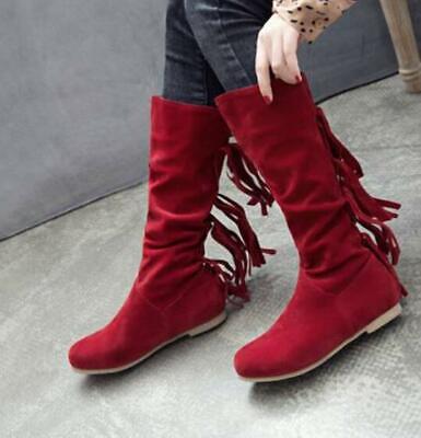 Vintage Woman's Mid Calf Tassel Boots Leather Cowgirl Booties Flat Heel Shoes
