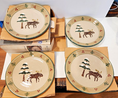 Lodge by Sonoma Home 8'' Salad Plates Moose Snow Covered Tree Set of 4 NOB