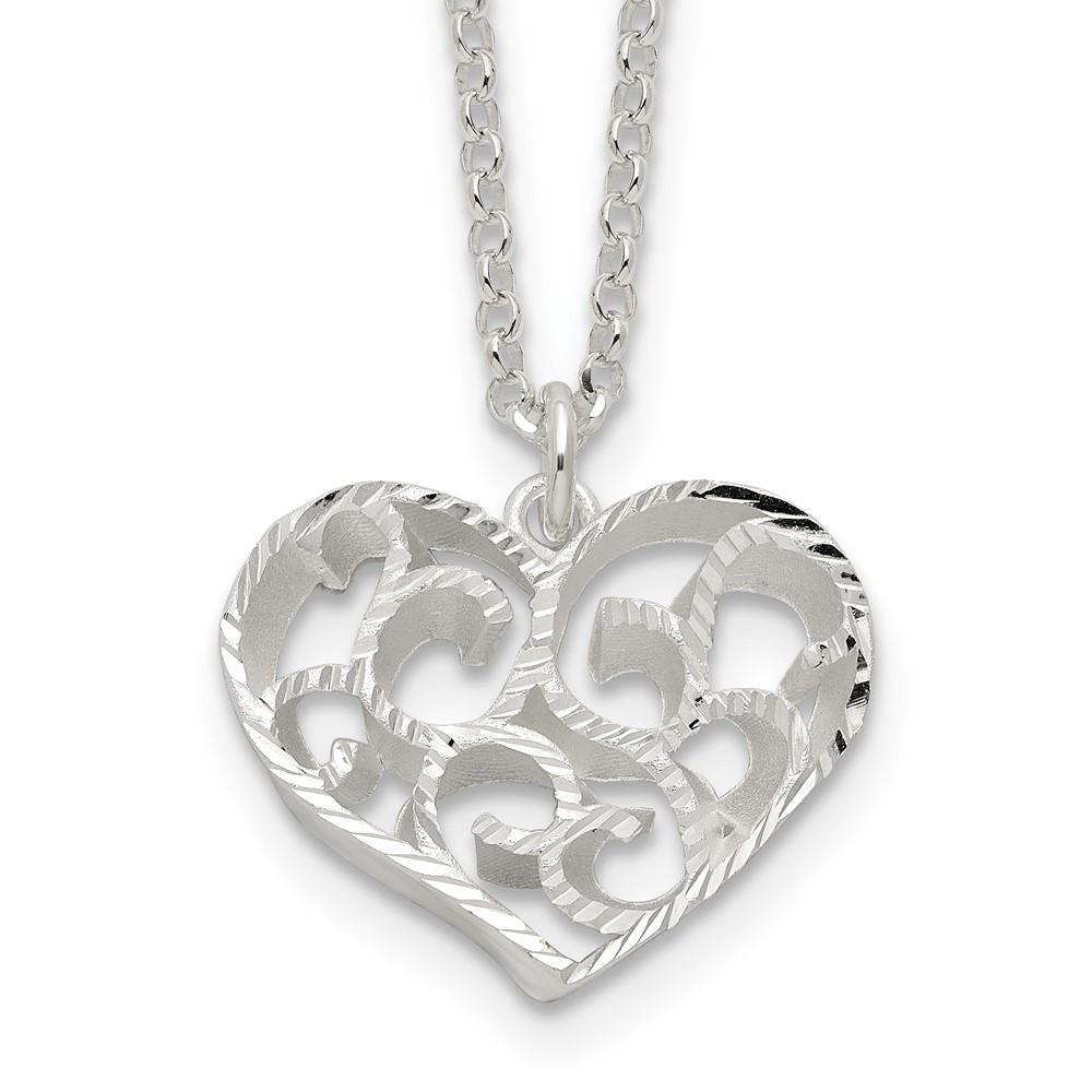Sterling Silver Rhodium-plated Filigree Heart Pendant Necklace 17.75