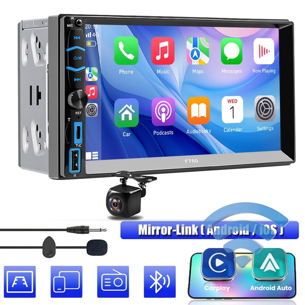 7" Double Din Car Stereo Radio Apple/Android CarPlay GPS Head Unit w/ Camera BT