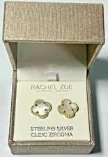 Rachel Zoe Sterling Silver Cubic Zirconia Mother of Pearl Clover Post Earrings