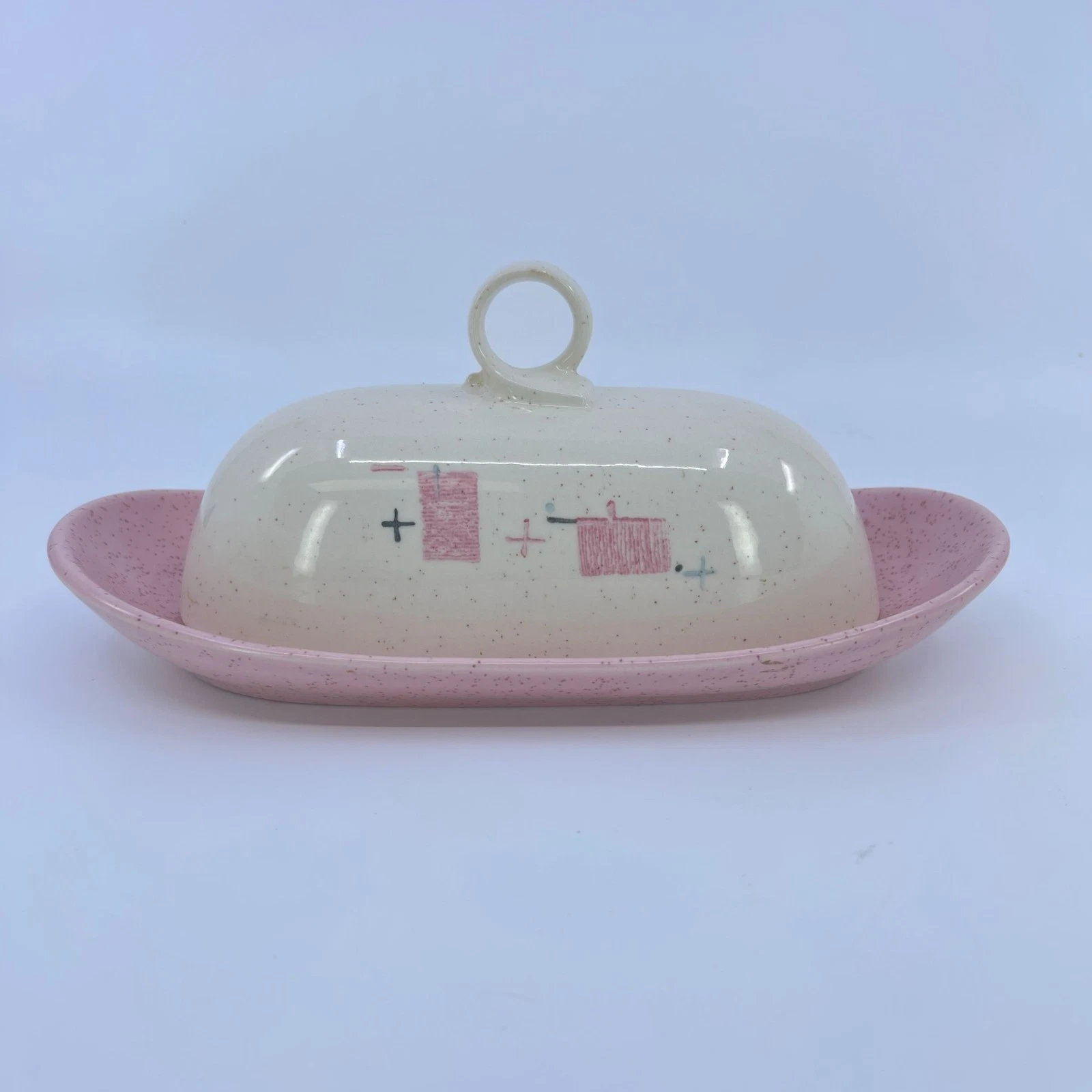 vintage vernon ware "tickled pink" covered butter dish speckled ceramic 1950s