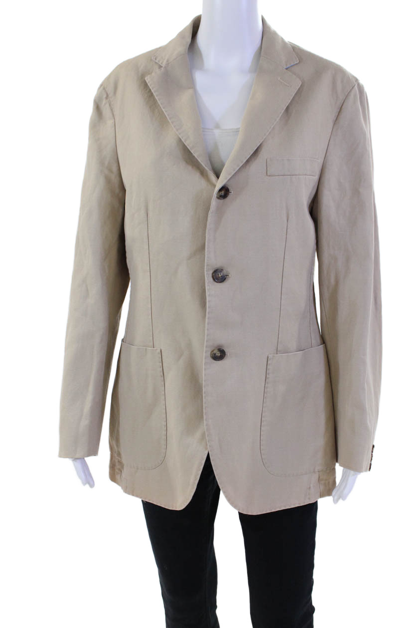 Faconnable Womens Linen Long Sleeve Collared Buttoned Blazer Beige